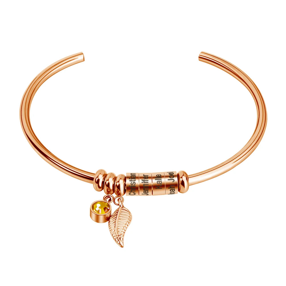 Personalised Name Beads Custom Bracelet With Leaf Birthstone - ROSOKI